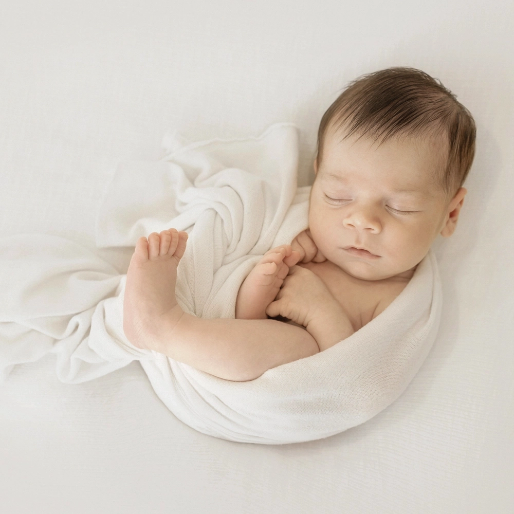 Photographie de naissance envelopp&eacute; dans un tissu lors d'une s&eacute;ance photo artistique avec Tina Photographe Toulouse
